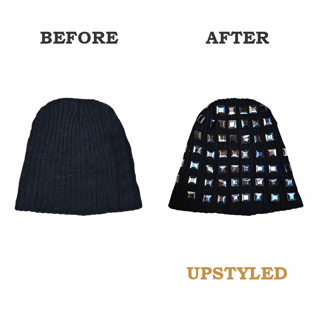Upstyled Square-Stud Beanie in Ribbed Wool Blend