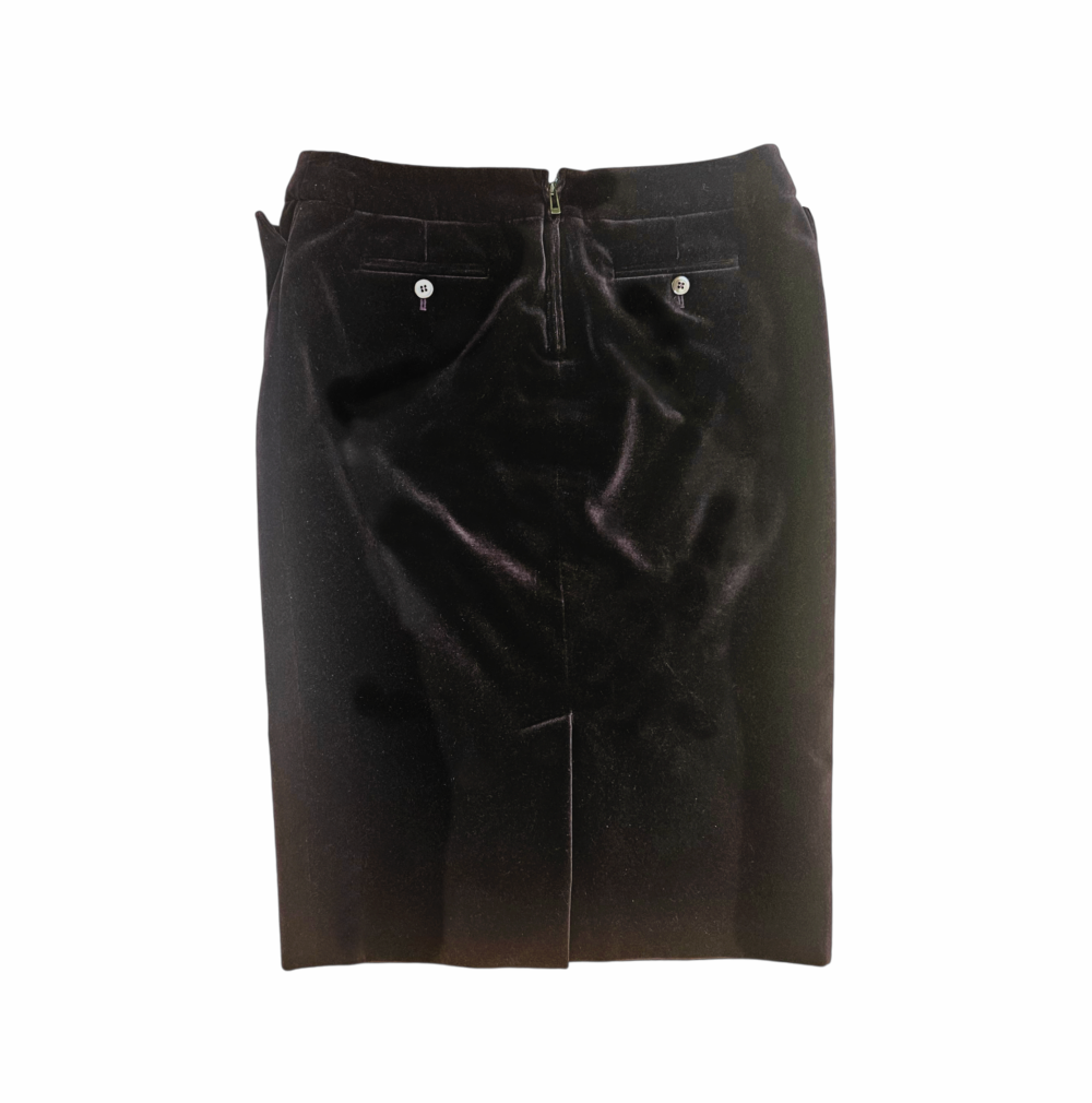 Back view of vintage Yves Saint Laurent Rive Gauche black velvet skirt with buttoned welt pockets