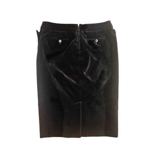 Back view of vintage Yves Saint Laurent Rive Gauche black velvet skirt with buttoned welt pockets