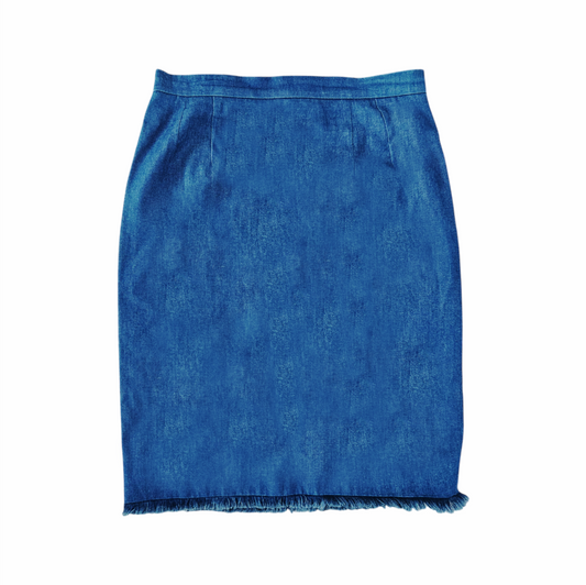 Vintage 1990s Denim Pencil Skirt with Fringe Hem - Y de G