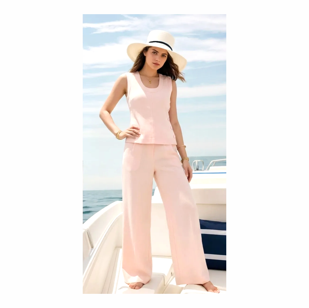 Vintage Blush Crêpe Wide-Leg Trousers with Covered Waist Button - Y de G - Re:Velvet