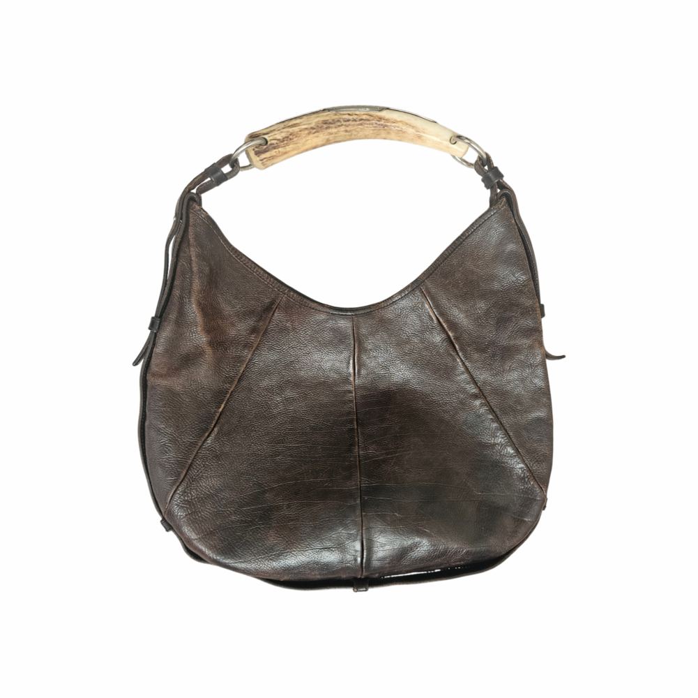 Early 2000s Vintage Mombasa Leather Shoulder Bag with Antler and metal plate Handle - Yves Saint Laurent - Re:Velvet