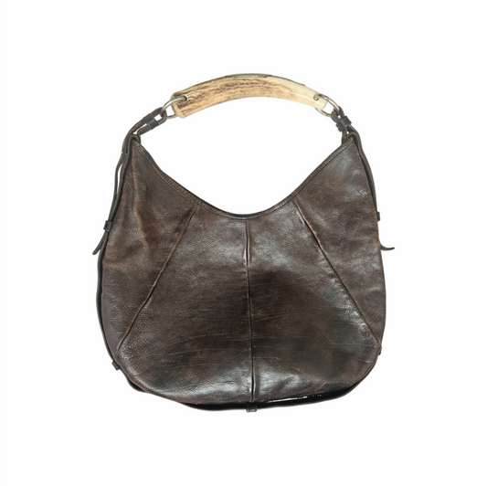 Early 2000s Vintage Mombasa Leather Shoulder Bag with Antler and metal plate Handle - Yves Saint Laurent - Re:Velvet