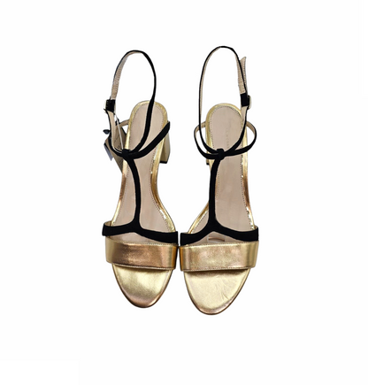 Chunky Heels Gold & Black Leather Sandals - Zara